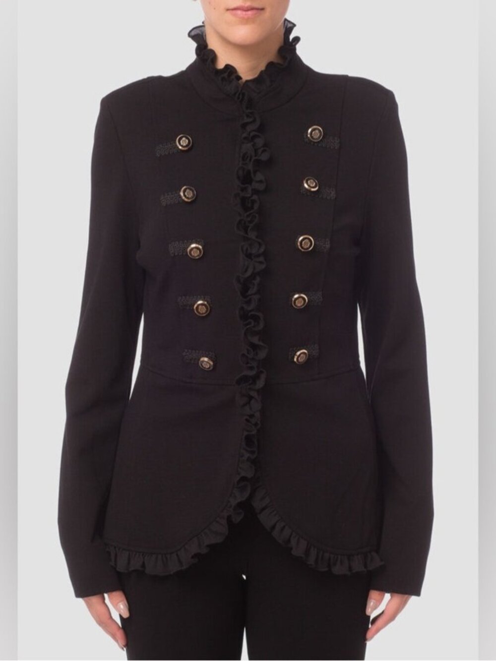 Joseph Ribkoff Black Ruffle Military-Button Bellboy Jacket Size 8 Black Ruffle